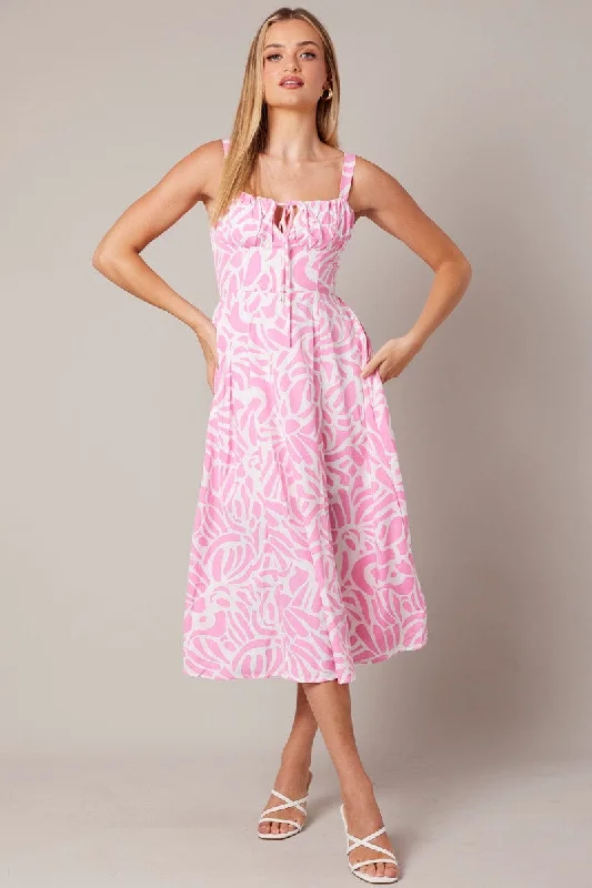 Exclusive Deals Online Pink Print Midi Dress Gathered Bust Midi