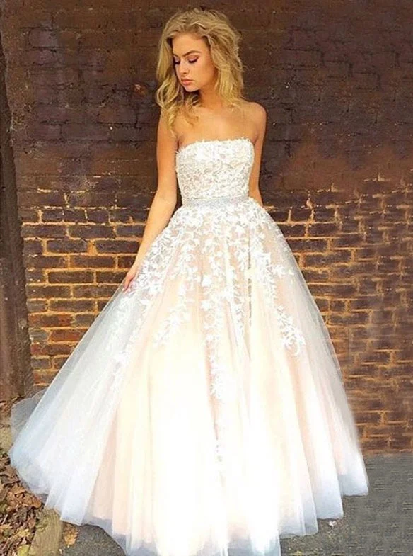 Chic Sophistication Strapless Appliques Long Prom Wedding Dress with Beading Waist OW520