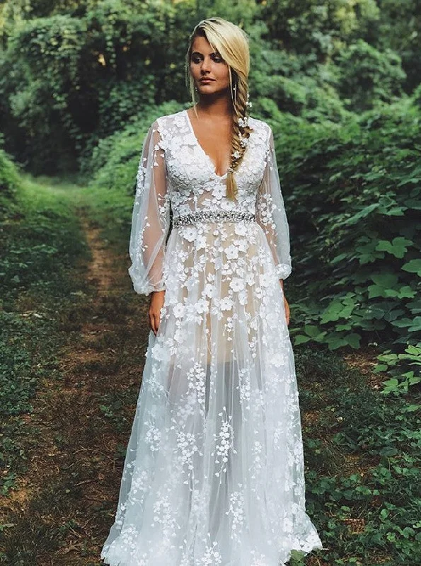 Top Deals V-Neck Waist Beaded Appliques Boho Wedding Dress With Long Sleeves OW595