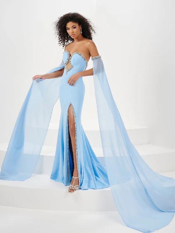 Fashion Forward Femininity Fitted Beaded Strapless Cape Sleeve Slit Gown by Panoply 14194