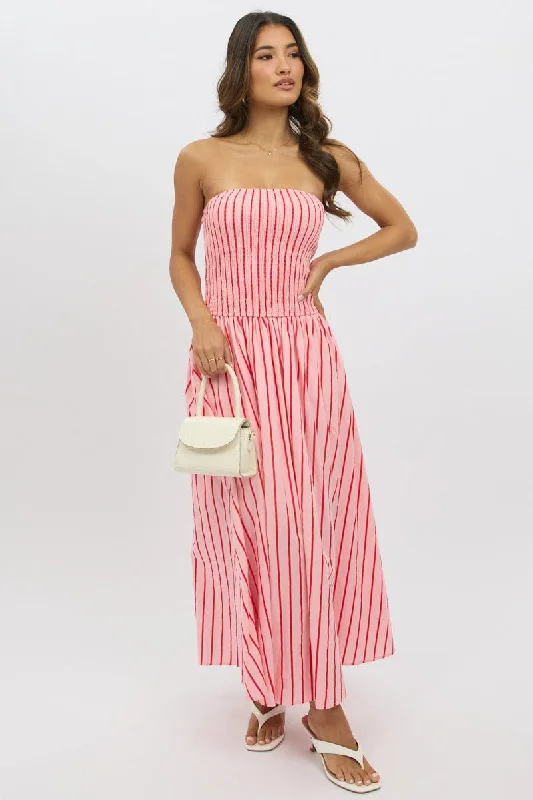 Relaxed Style Pink Stripe Strapless Maxi Dress