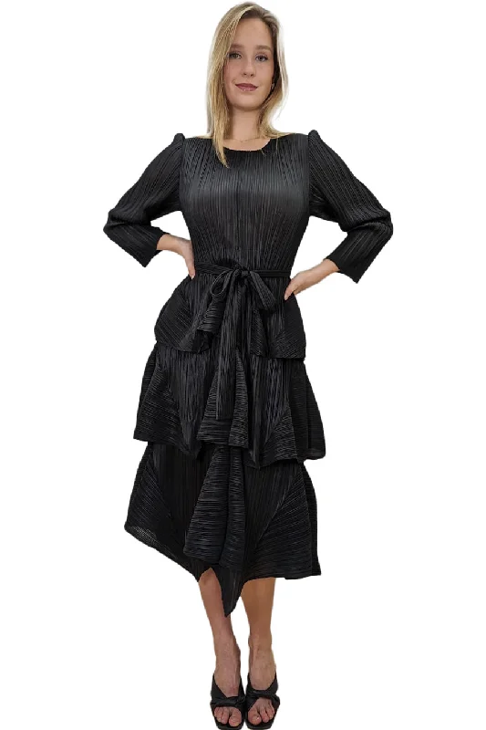 Style Upgrade Long Sleeve Layered Wrap Belt Midi Dress