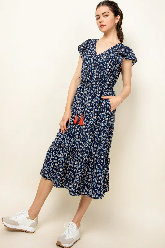 End Of Season Clearance Tassel Tie Flutter Sleeve Print Midi Dress