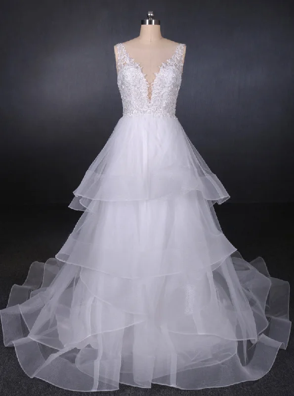 Gorgeous Glamour Collection Princess V Neck Tulle Backless Wedding Dresses With Layered OW574