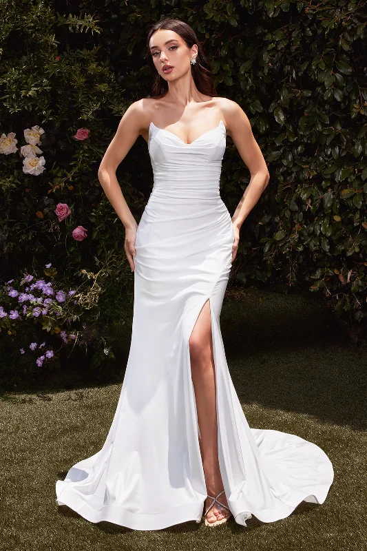 Effortless Everyday Wear Satin White Strapless Slit Gown by Ladivine CD791W