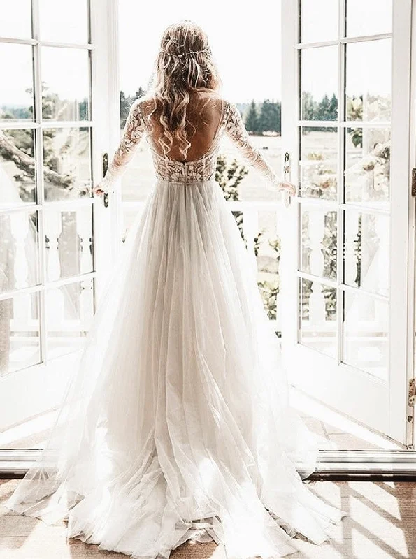 Effortless Comfort A-Line Sheer Bateau Backless Wedding Dress With Appliques Long Sleeves OW529