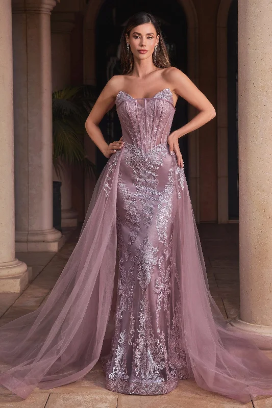 Ride The Style Wave Strapless Glitter Print Overskirt Gown by Ladivine J858