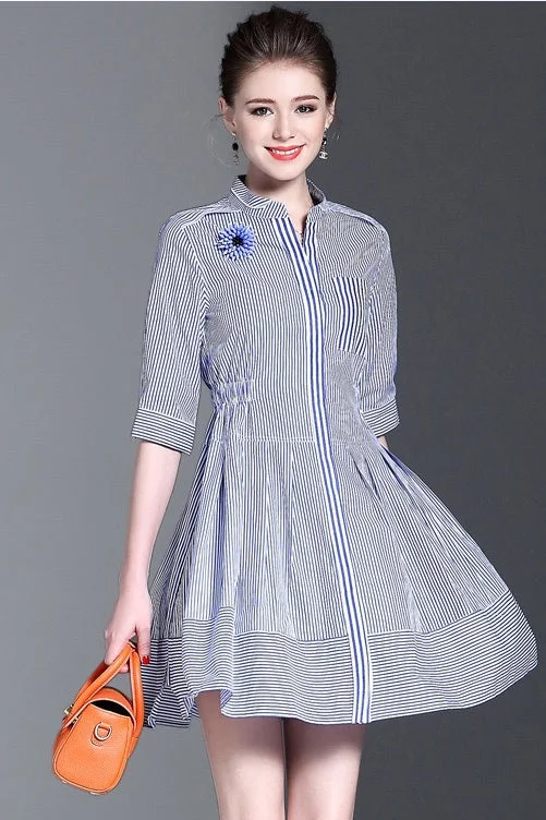 Affordable Luxury Fashion Blue White Stripe Dress W/ SD Flower