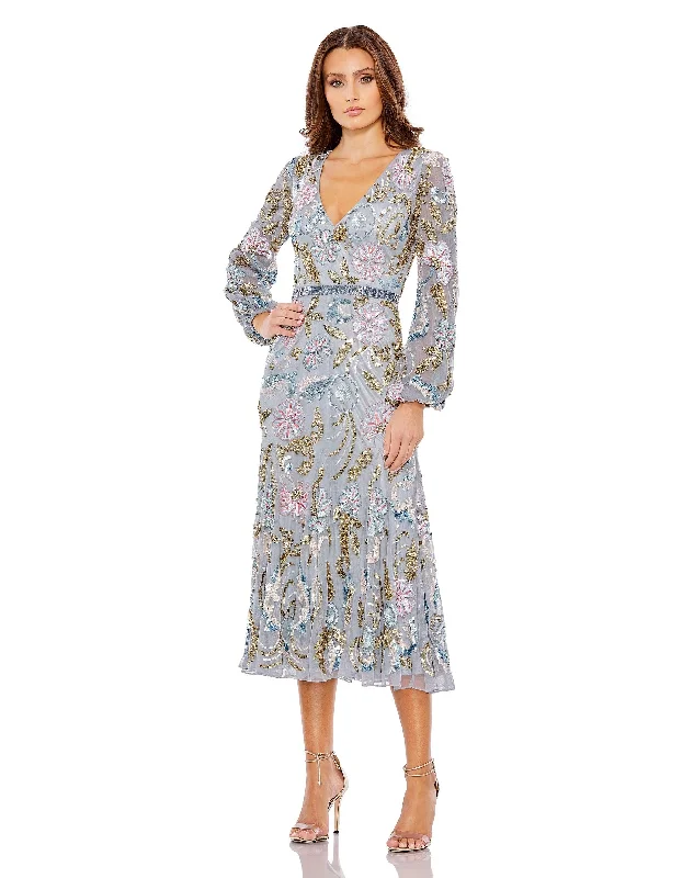 Colorful Clothing Mac Duggal 5423 Long Sleeve Sequin Cocktail Midi Dress