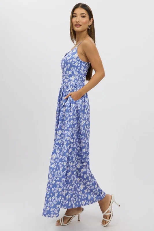 Elegant Styles Blue Ditsy Maxi Dress V-Neck