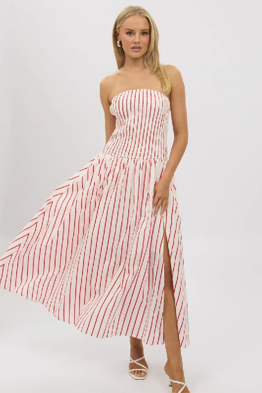 Vibrant Styles Red Stripe Strapless Maxi Dress