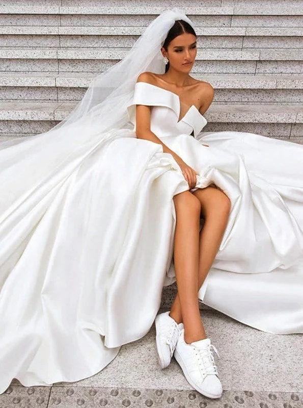 Elegant Styles Off Shoulder Satin Simple Wedding Dresses Elegant Long Bridal Dress OW552