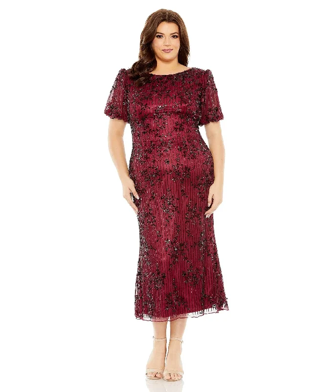 Urban Femme Streetwear Mac Duggal 5940 Plus Size High Neck Puff Sleeve Embellished Midi Dress