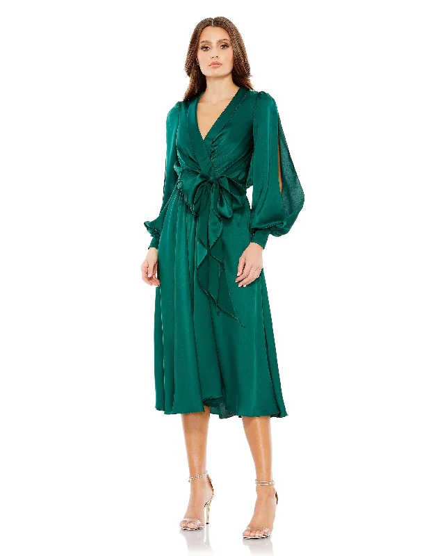 Vintage Look Mac Duggal 49582 Long Sleeve A Line Cocktail Midi Dress