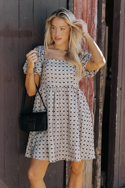 Everyday Wear Taupe Puff Sleeve Bow Print Mini Dress - FINAL SALE