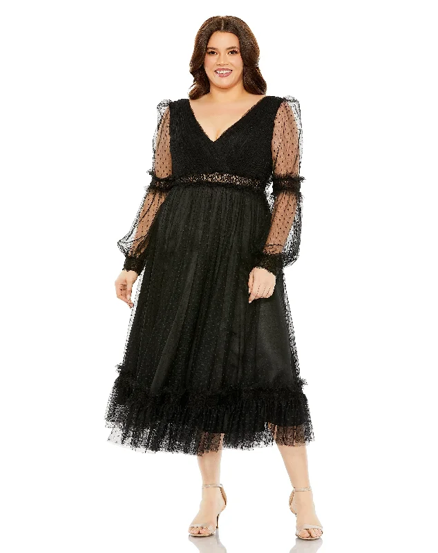 Trendy Fashion for Women Mac Duggal 68567 Plus Size Long Sleeve Formal Midi Dress