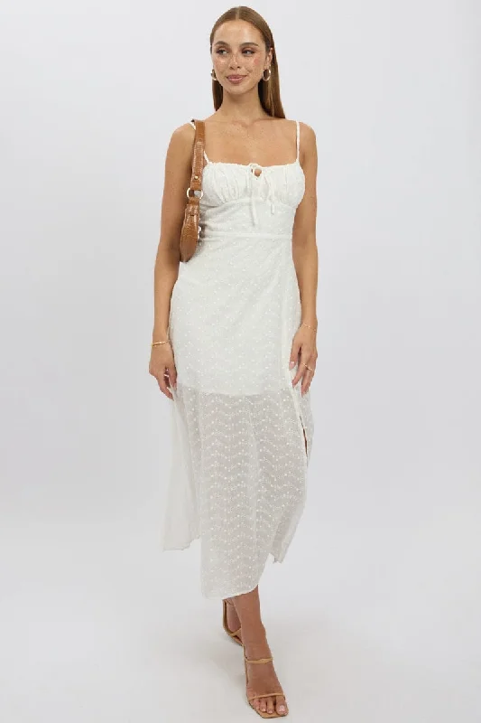 Find Your Unique Flair White Midi Dress Gathered Bust Eyelet Fabric