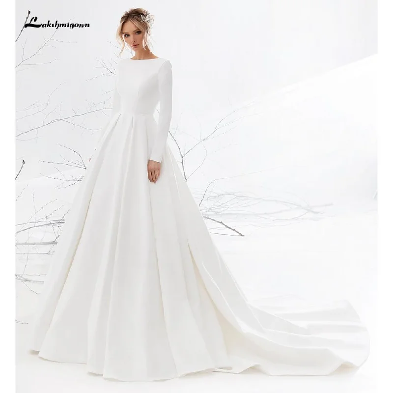 Style Breakthroughs Roycebridal Backless O Neck Lace Beads Satin Simple Wedding Dresses