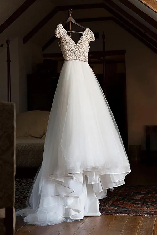 Floral Style Cap Sleeve Appliques Lace Tulle Wedding Dress, Formal Bridal Gowns prom dress     cg22065