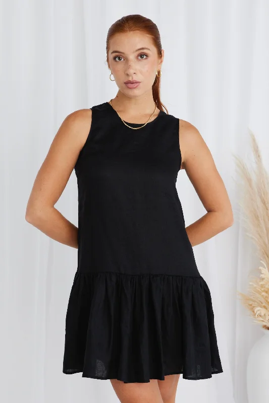 New Season Fashion Preview Sale Ava Black Linen Sleeveless Frill Hem Smock Mini Dress