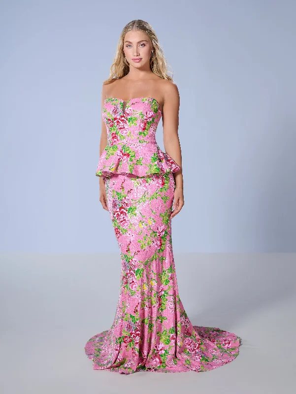 Feminine Elegance Floral Print 2-Piece Strapless Gown by Tiffany Designs 16140