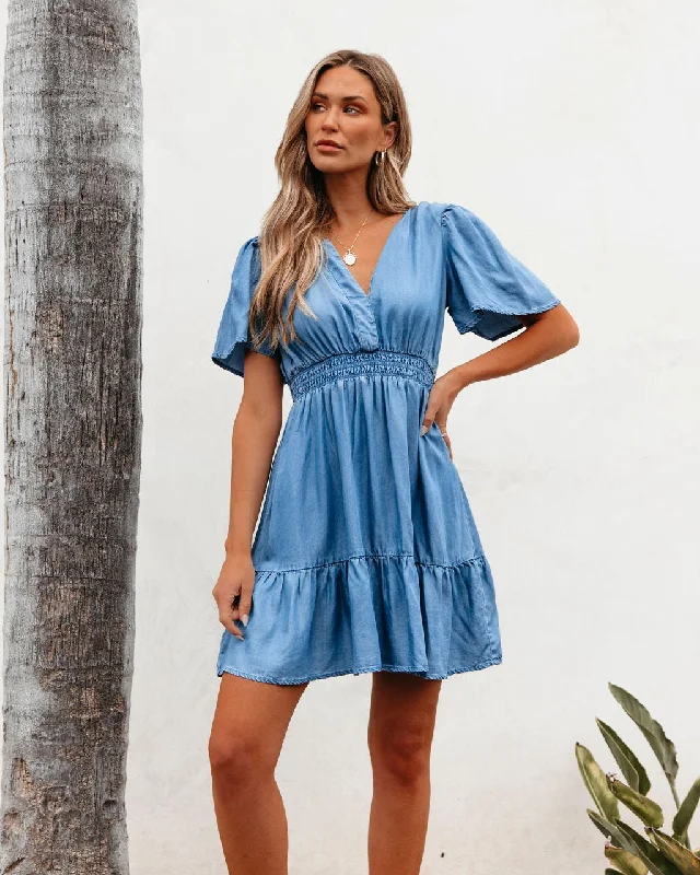 Trend Alert Chambray Split Neck Smocked Mini Dress