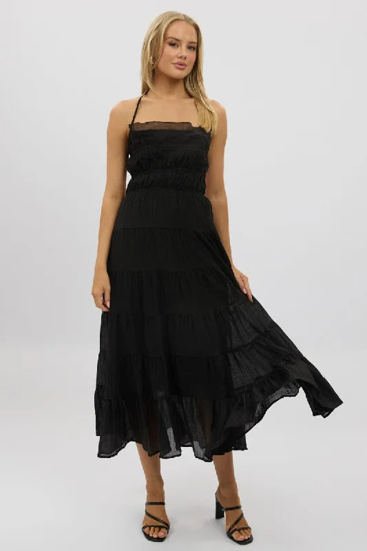 Vibrant Femme Fashion Black Maxi Dress Tiered Backless