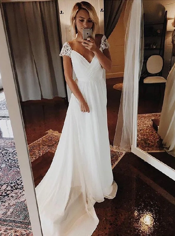 Vintage Charm Simple Chiffon Wedding Dresses Bohemian Beach Bridal Gowns With Sleeves OW519