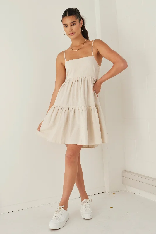 Chic And Trendy Cosmos Natural Linen Cotton Strappy Tie Back Tiered Mini Dress