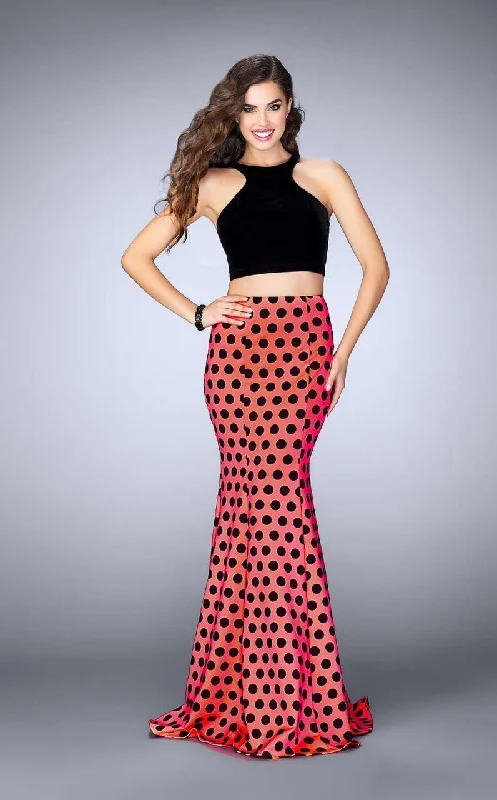 Modern Glamour La Femme - 24297 Vivid Polka Dot Halter Mermaid Long Evening Gown