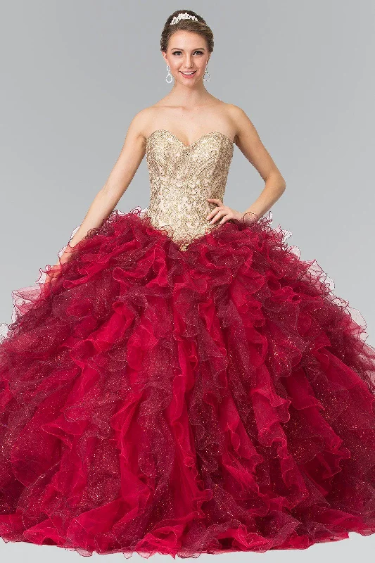 New Styles Just In Burgundy Strapless Ruffled Ballgown by Elizabeth K GL2211