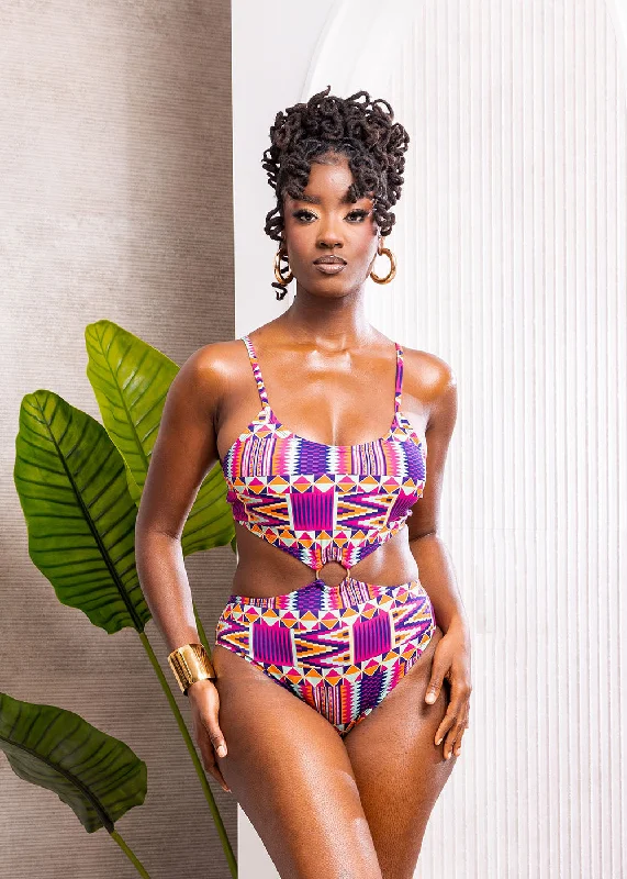 Vintage Style Clothing Sale Chika Women's African Print Cut-Out Swimsuit (Mint Purple Kente)-Clearance