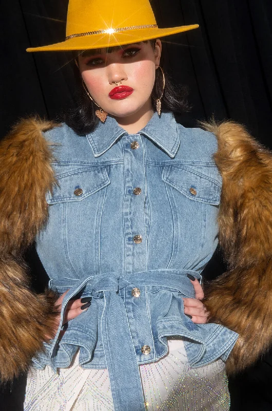 You'Ll Love Us Because PLUS AZALEA WANG PORTUGAL DENIM FAUX FUR ARM JACKET