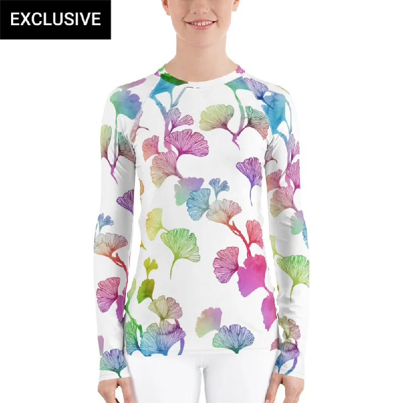 Chic Trends Unveiled Rainbow Ginkgo Leaves Rash Guard Top (POD)