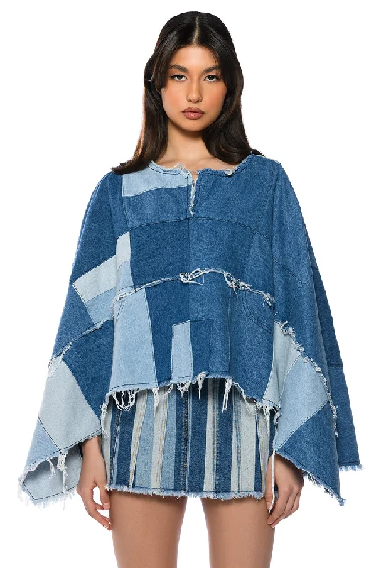 Graceful Drape TO THE CHATEAU PATCHWORK DENIM PONCHO