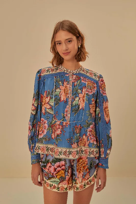 Exclusive Discount Blue Wonderful Bouquet Long Sleeve Blouse